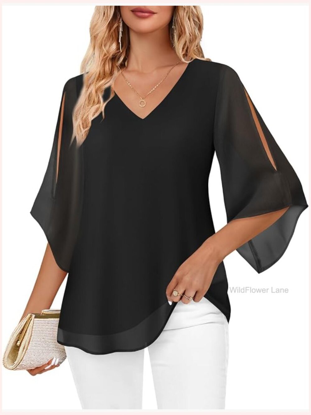 Womens Dressy Ruffle 3/4 Sleeve V Neck Chiffon Blouse Tunic Top